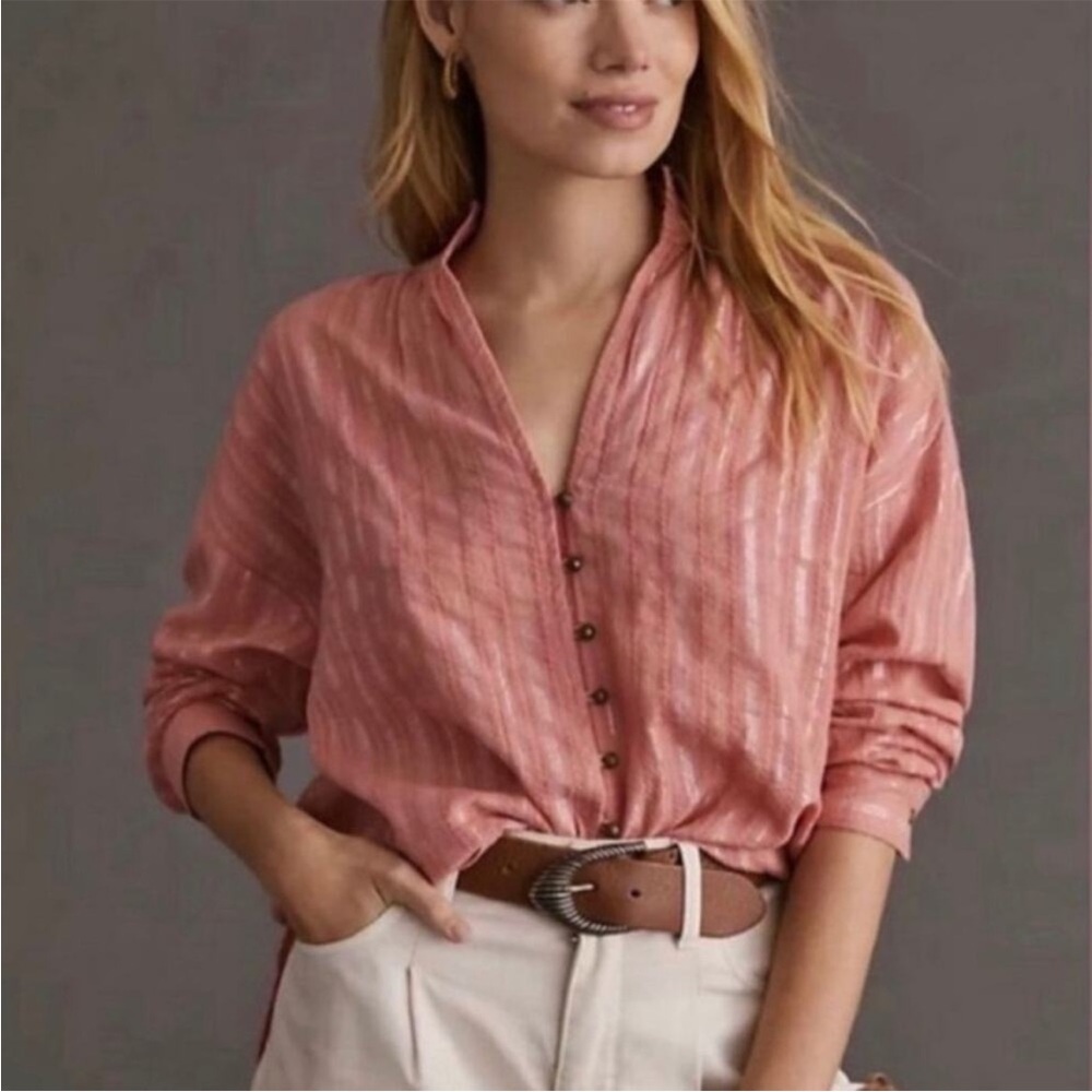 Pilcro Salmon Pink Button-Down Blouse Shirt - Picture 2 of 10
